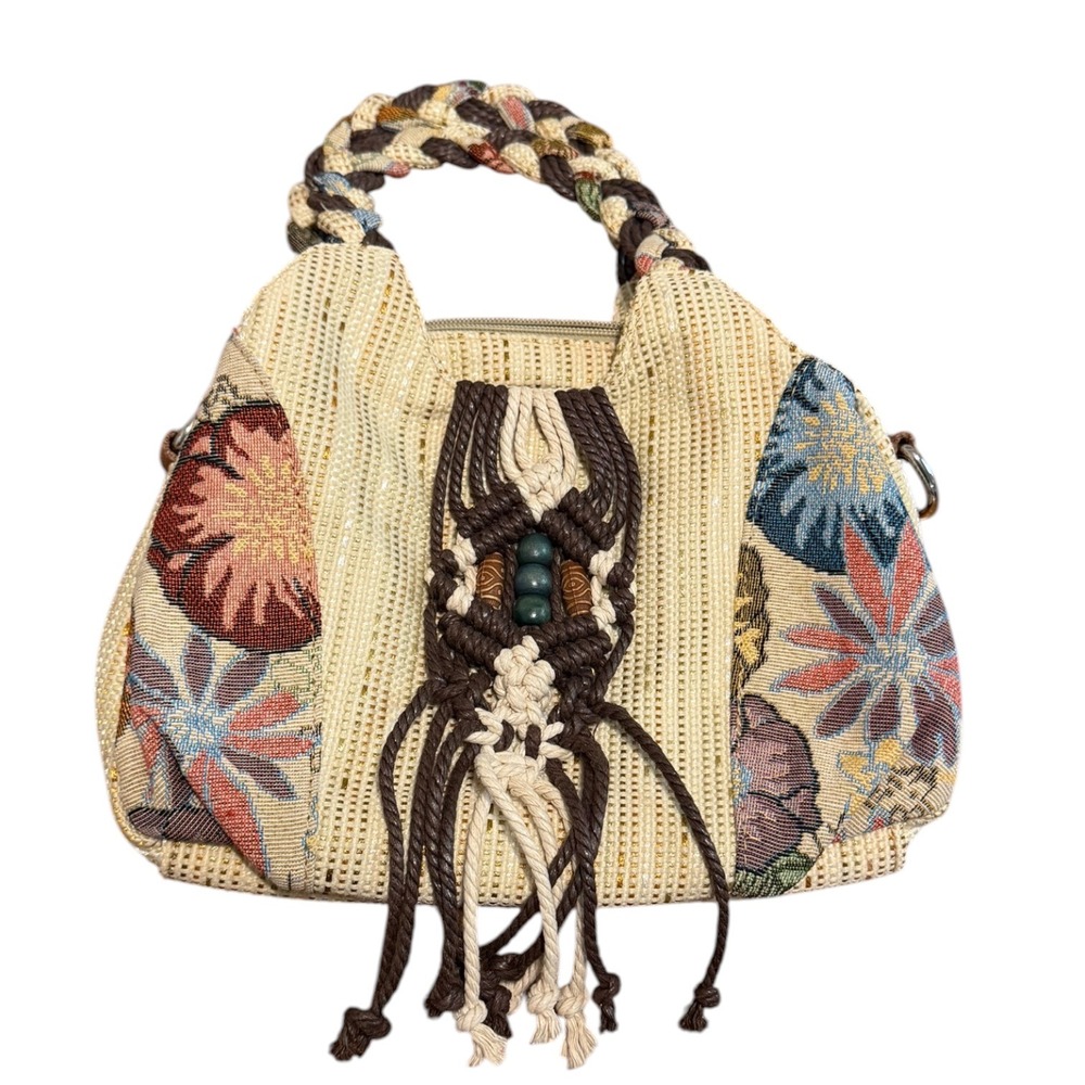 Boho Floral Tapestry & Macrame Handbag Cream Gold Metallic Braided Handle Fringe